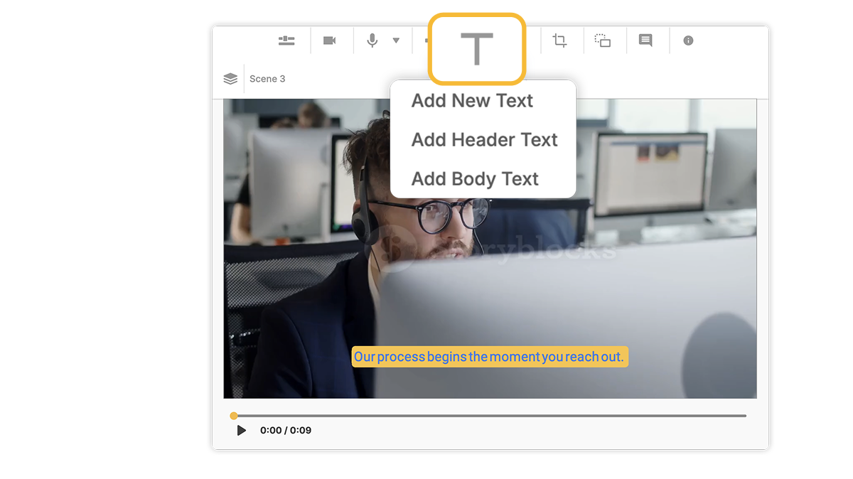 Use Visla to add text to video by clicking the toolbar button to insert header or body text easily.